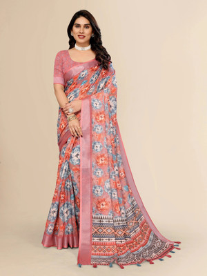 Santro Sarees Floral Print Daily Wear Cotton Linen Saree(Orange)