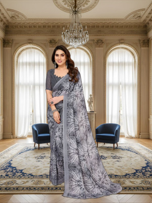SmittenSmit Printed Bollywood Georgette Saree(Grey)