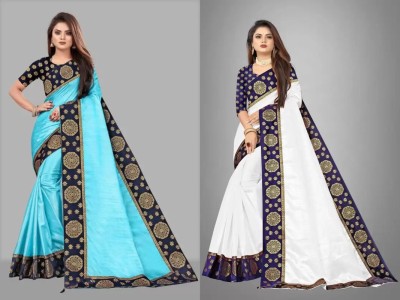 ONTIC LIFESTYLE Self Design Assam Silk Art Silk Saree(Pack of 2, Blue, White)