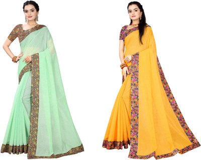 manish Printed Chanderi Cotton Blend Saree(Pack of 2, Light Green, Yellow)
