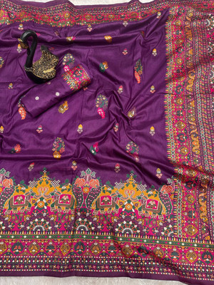 MOON VOGUE Self Design Bhagalpuri Silk Blend Saree(Purple)