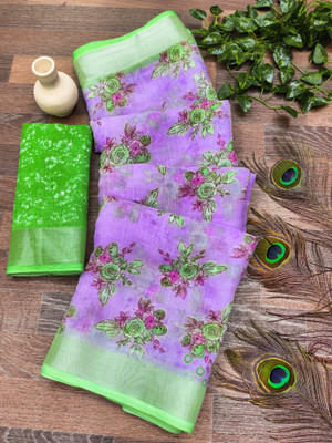 kashvi sarees Floral Print Bollywood Cotton Linen Saree(Grey, Green)