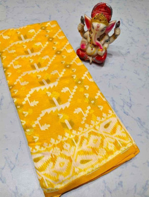 Soma Tant saree Mahal Self Design, Woven, Geometric Print Handloom Cotton Silk Saree(Yellow)