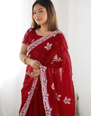 Satrani Embellished, Embroidered Bollywood Jimmy choo, Chiffon Saree(Red)