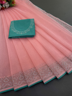 VarniRaaj Fashion Embellished Bollywood Supernet Saree(Pink)
