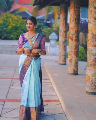 GajGajra Woven Kanjivaram Pure Silk, Art Silk Saree(Light Blue)