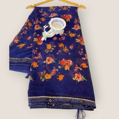Majisasari Printed Bandhani Chiffon Saree(Dark Blue)