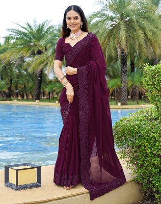 Samah Dyed, Embroidered, Embellished Bollywood Silk Blend Saree(Purple)