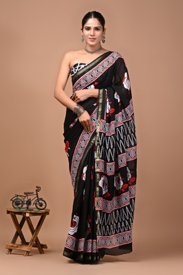 Akshara Fashion Printed, Blocked Printed, Floral Print, Hand Painted Daily Wear Pure Cotton Saree(Black)