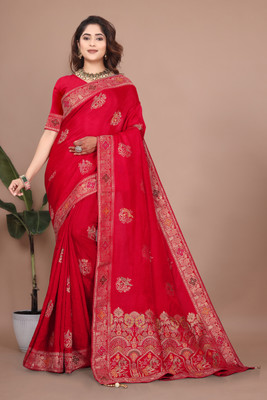 Bindi Woven, Self Design Banarasi Viscose Rayon Saree(Red)