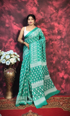 SARATHITEXTILE Color Block Hand Batik Cotton Blend Saree(Light Green)