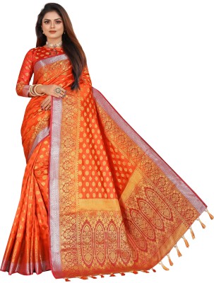 FINE WEAR Woven Banarasi Cotton Silk Saree(Orange)