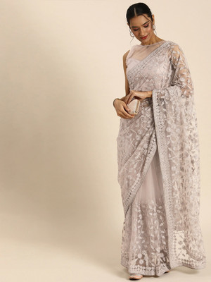 Sangria Embroidered Kalamkari Net Saree(Beige)