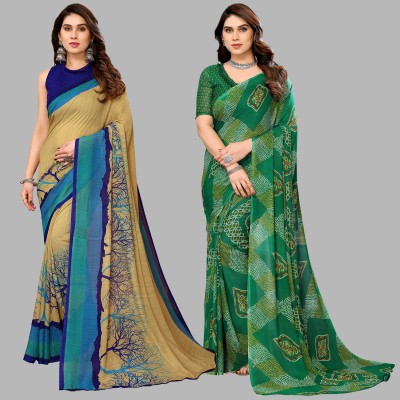 Anand Sarees Printed Daily Wear Georgette Saree(Pack of 2, Beige, Blue, Green)