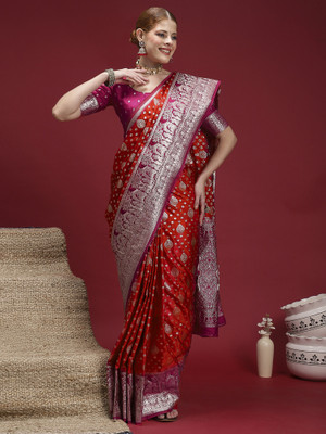 Tasrika Woven Banarasi Satin, Silk Blend Saree(Red)