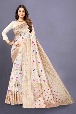 Bansari Textiles Paisley, Woven Bollywood Silk Blend, Art Silk Saree(Beige)