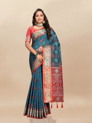 KRIYANSH Woven, Printed, Self Design, Applique, Striped, Temple Border Patola Cotton Silk, Jacquard Saree(Blue)