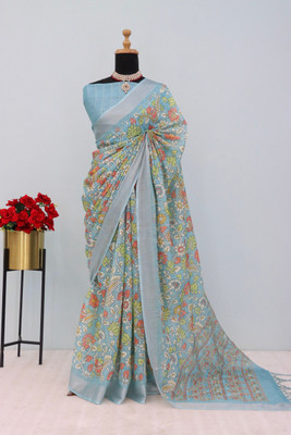 Laxmi Fashion Printed, Floral Print Assam Silk Jacquard, Cotton Silk Saree(Beige, Light Green, Multicolor)