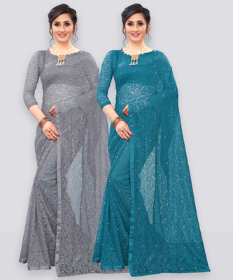 LOROFY Self Design Bollywood Net Saree(Pack of 2, Grey)