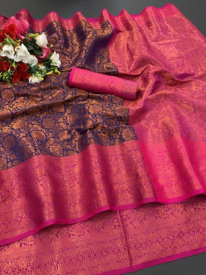 YUG ART Woven Banarasi Silk Blend Saree(Dark Blue)