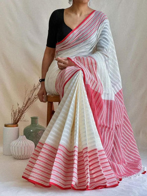 HouseOfCommon Striped Handloom Handloom Cotton Blend Saree(White, Red)