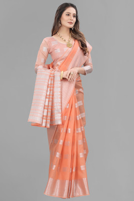 KRESVA Solid/Plain, Woven Bollywood Cotton Linen Saree(Orange)