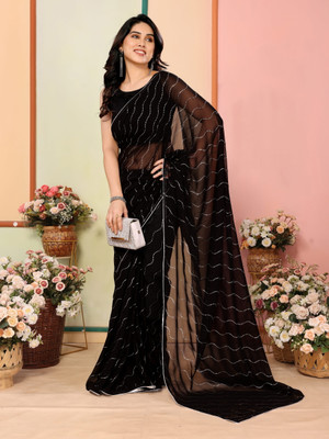 BLEESBURY Solid/Plain, Embellished, Self Design Bollywood Georgette, Chiffon Saree(Black)