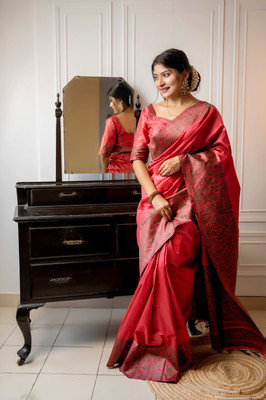 PeachPetals Woven Handloom Cotton Silk Saree(Red)