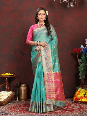 DRAVYA WOMEN Woven, Applique Bollywood Pure Silk, Organza Saree(Light Blue)