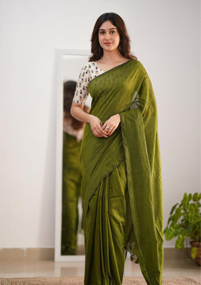 Maku Solid/Plain Handloom Pure Cotton Saree(Green)