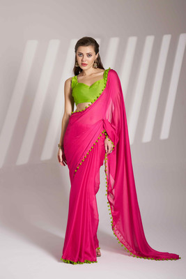 HERE&NOW Solid/Plain Bollywood Chiffon Saree(Pink)
