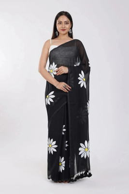 Pionex Floral Print Handloom Pure Cotton Saree(Black, White)