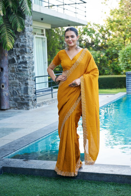 Sanjana Silks Embellished Bollywood Silk Blend Saree(Yellow)