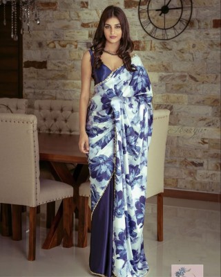 KV Fashion Digital Print Bollywood Satin Saree(Dark Blue)