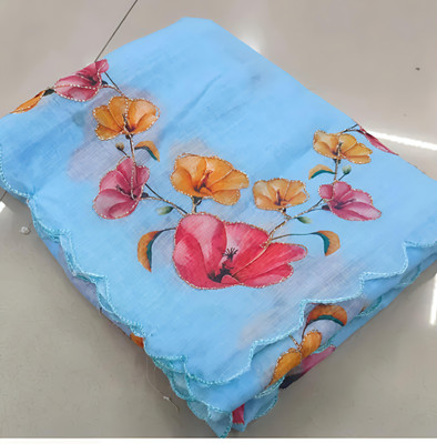 VCREATION Digital Print Bollywood Cotton Linen Saree(Light Blue)