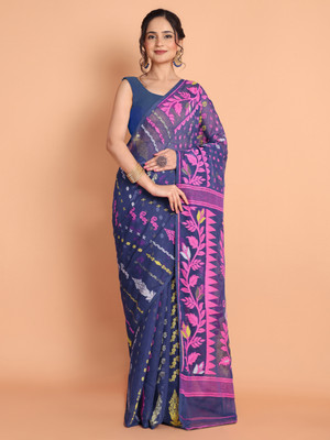TANTLOOM Woven Jamdani Cotton Blend Saree(Purple)
