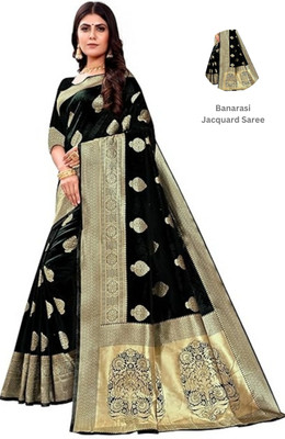 GINNYPRINTS Floral Print, Self Design, Embellished, Woven, Applique Kanjivaram Jacquard, Pure Silk Saree(Black)