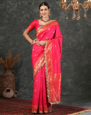 Satrani Woven, Embellished Banarasi Silk Blend, Jacquard Saree(Pink)