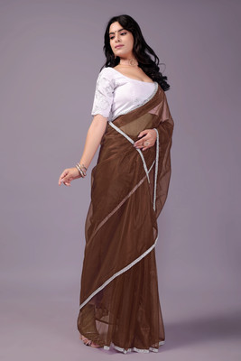 RUCHKET Embellished Bollywood Net Saree(Brown)