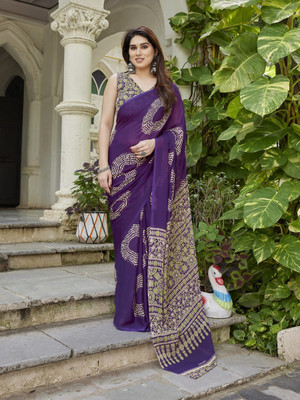THE URBAN DIVA Printed Bollywood Georgette Saree(Purple, Cream)