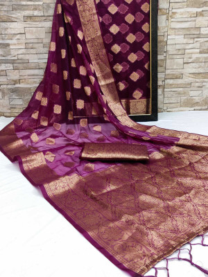 ZUUL Self Design, Woven Banarasi Organza Saree(Purple)