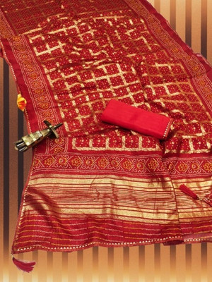 Kanooda Prints Woven Bandhani Net Saree(Red, Dark Blue)