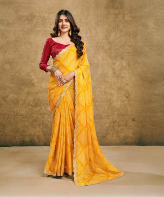 Samah Printed, Embellished Bollywood Chiffon, Georgette Saree(Yellow)