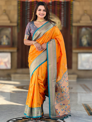 Nayanthara Trends Woven Paithani Silk Blend Saree(Orange)