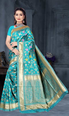 NENCY FASHION Woven Kanjivaram Silk Blend Saree(Light Blue)