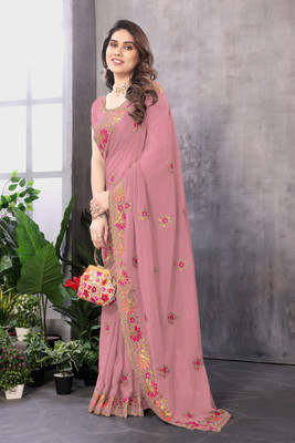 KB DESIGNER Embroidered, Floral Print, Embellished Bollywood Georgette Saree(Pink)