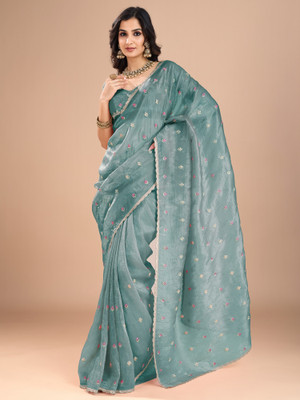 Tasrika Embroidered Bollywood Organza Saree(Light Blue)