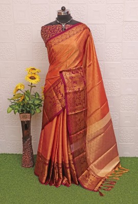 Fashion Club Collection Self Design, Woven Kanjivaram Cotton Silk, Jacquard Saree(Orange)