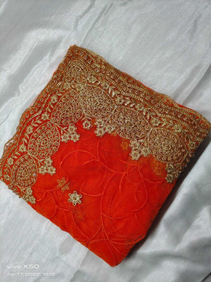 SkyFlock Embroidered, Embellished Bollywood Net Saree(Orange)