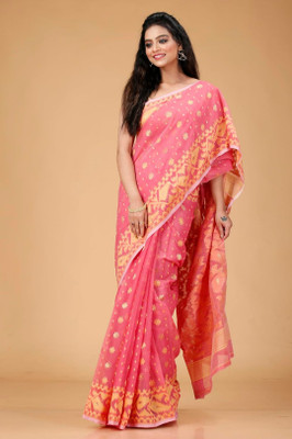 Revival Printed Jamdani Cotton Blend Saree(Pink)